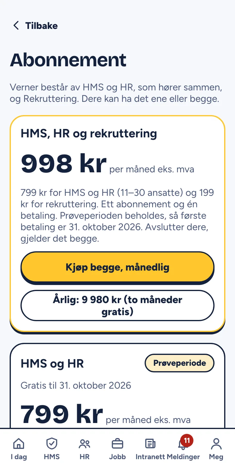 Siden Abonnement med prøveperioden og knappene for å betale
