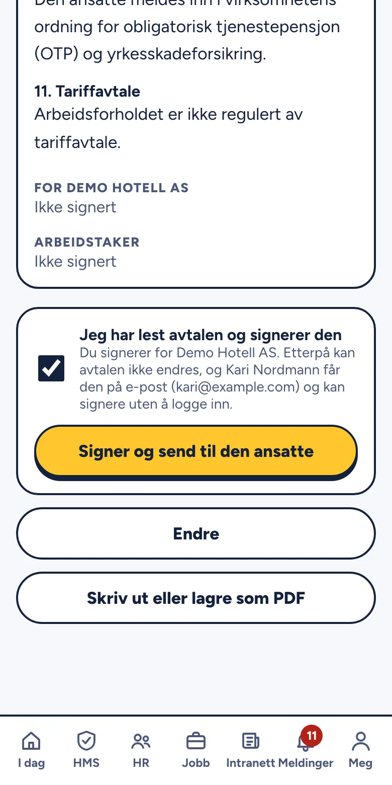 Utkast til arbeidsavtale med avkrysning og knappen Signer og send til den ansatte