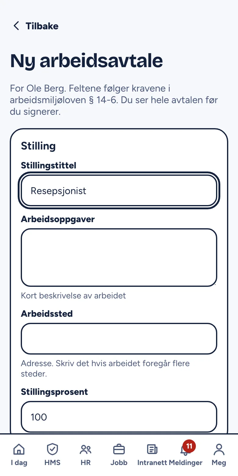 Skjemaet for ny arbeidsavtale i personalmappen