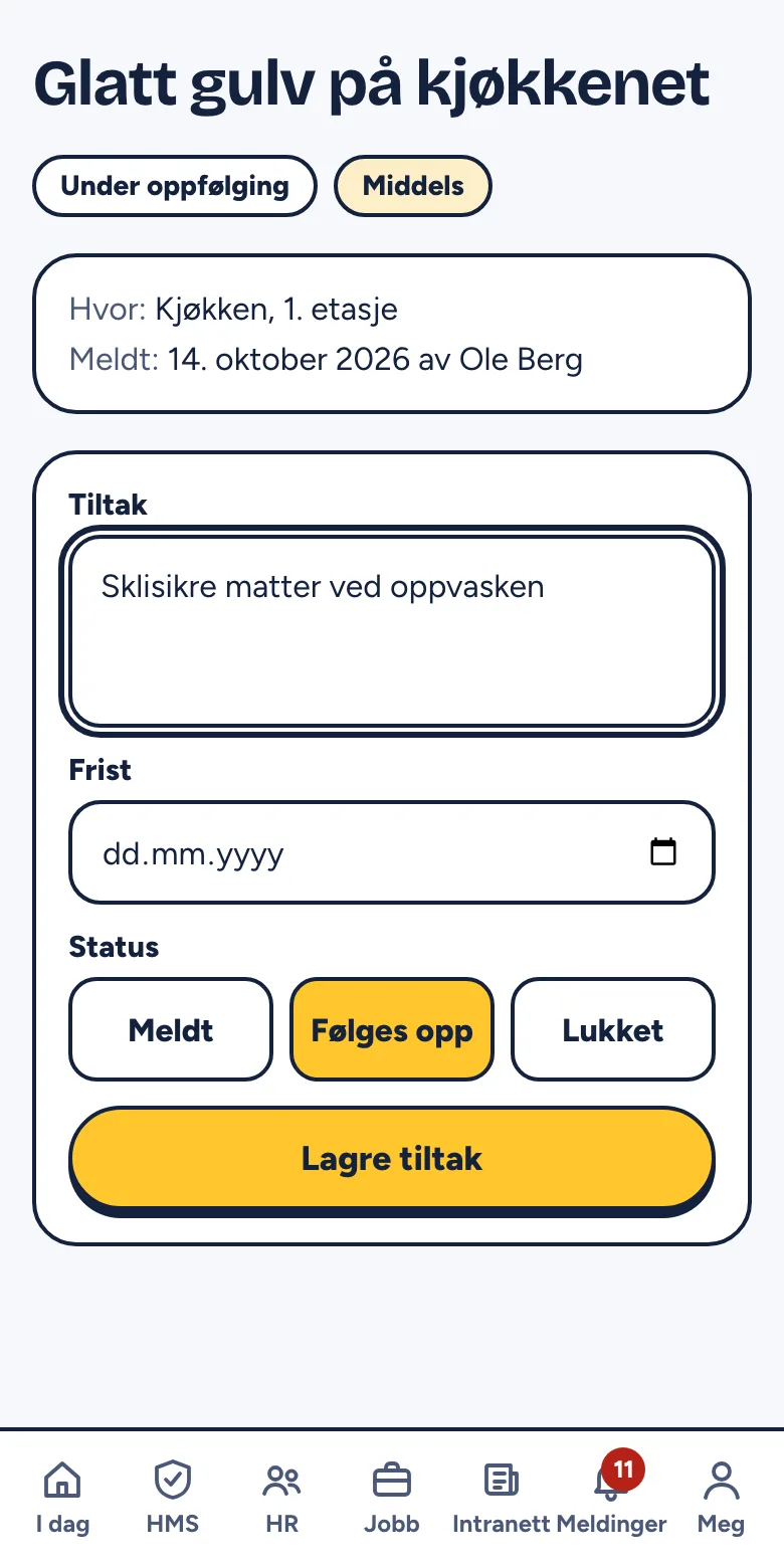 Et åpent avvik med tiltak, frist og status