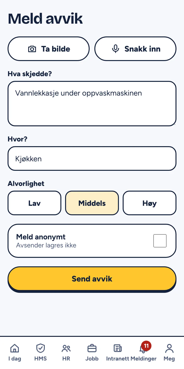 Skjemaet for å melde avvik med bilde, alvorlighet og anonym melding