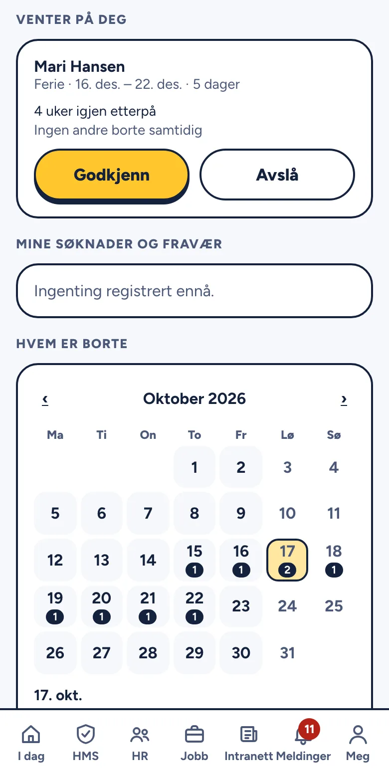 En feriesøknad under Venter på deg med knappene Godkjenn og Avslå