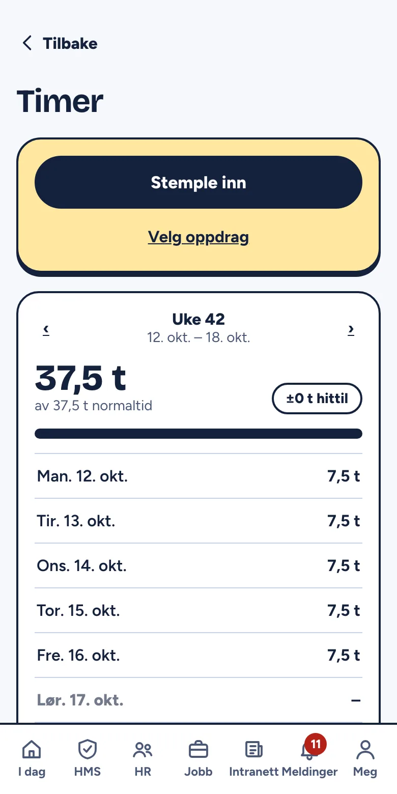 Timer med ukeoversikt og knappen Stemple inn
