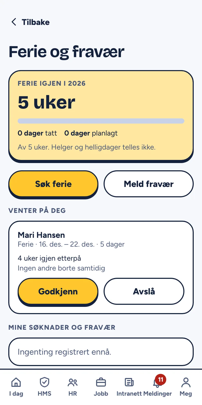 Ferie og fravær med feriesaldo og knappene Søk ferie og Meld fravær