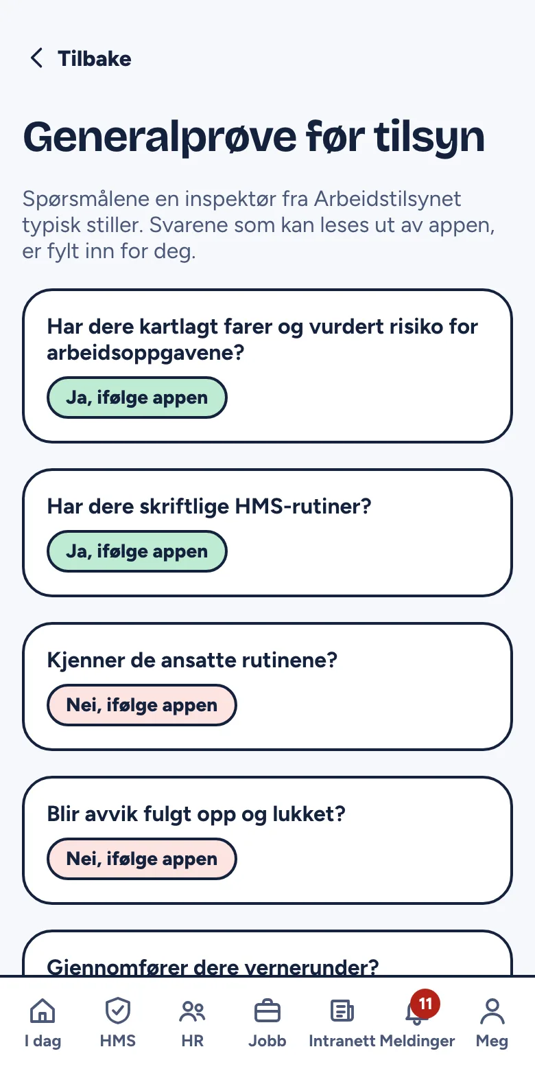 Generalprøve før tilsyn med spørsmål og resultat