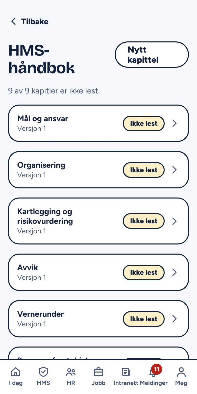 HMS-håndboken med kapitler merket Lest og Ikke lest