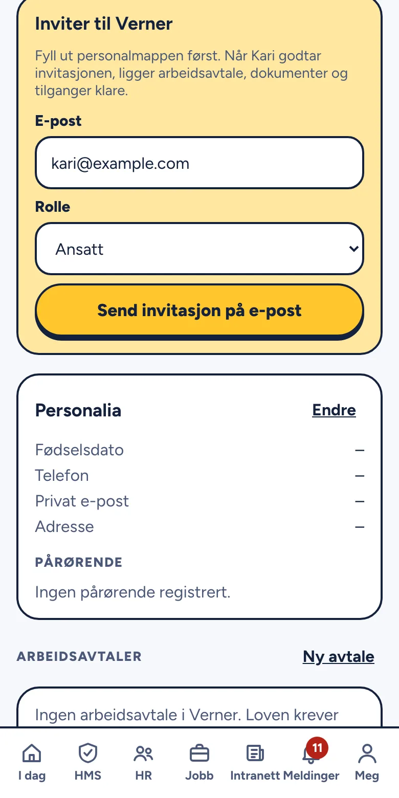 Kortet Inviter til Verner i personalmappen med e-post og rolle