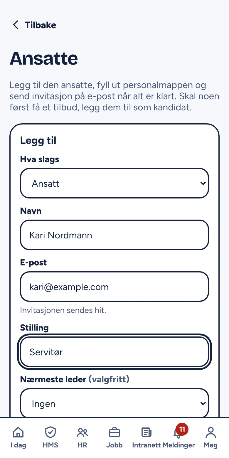 Skjemaet Legg til under Ansatte med navn, e-post og stilling