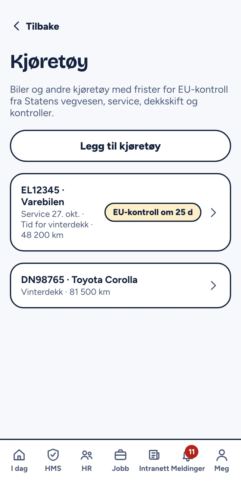 Kjøretøylisten med frist for EU-kontroll og dekkskift