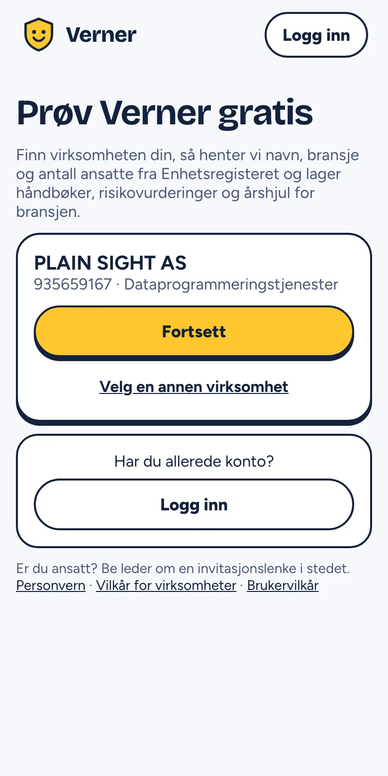 Siden Prøv Verner gratis med en virksomhet valgt fra Enhetsregisteret
