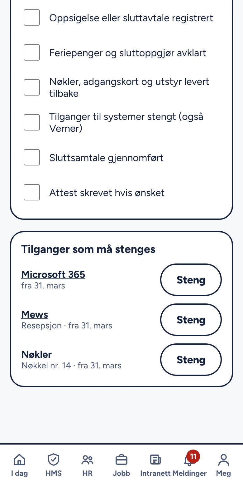 Offboarding med kortet Tilganger som må stenges