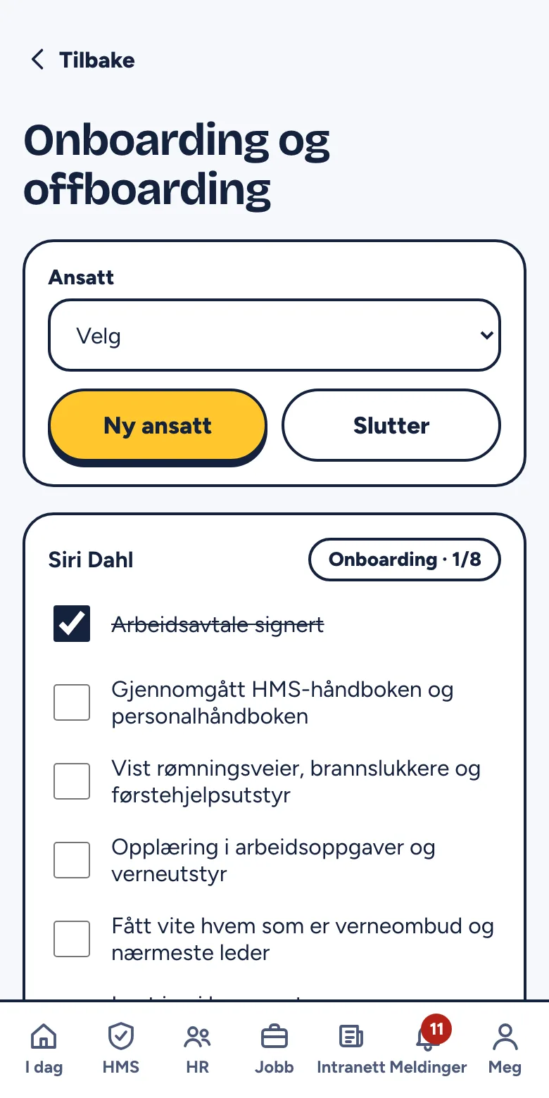 Onboarding-sjekkliste for en ny ansatt med punkter som krysses av