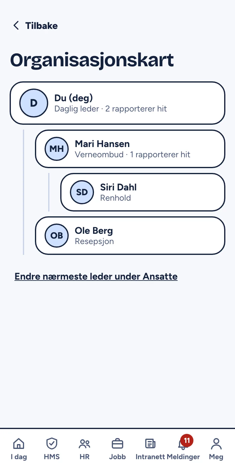 Organisasjonskart med daglig leder øverst og ansatte under