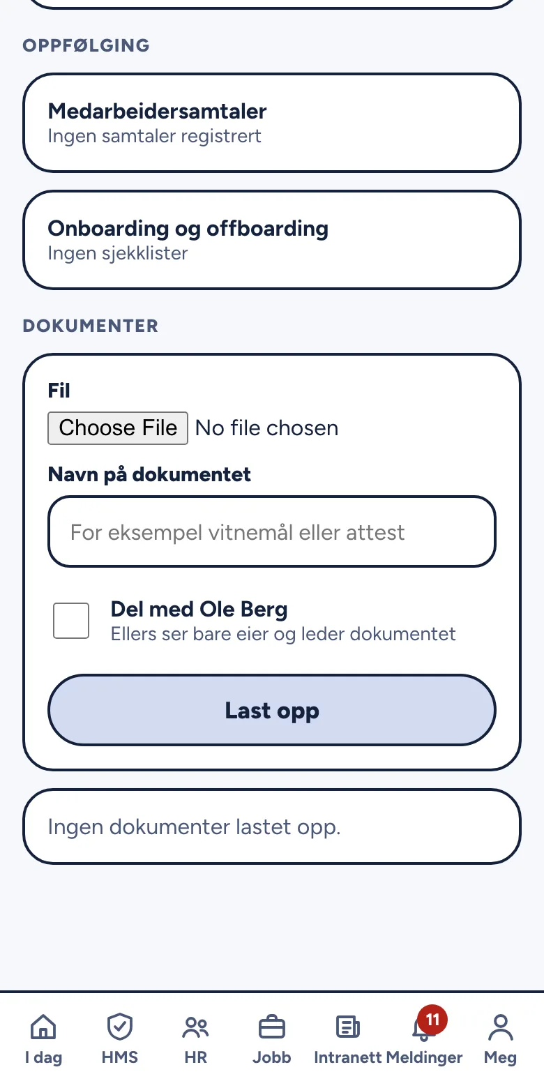 Dokumenter i personalmappen, merket Delt eller Bare ansvarlige