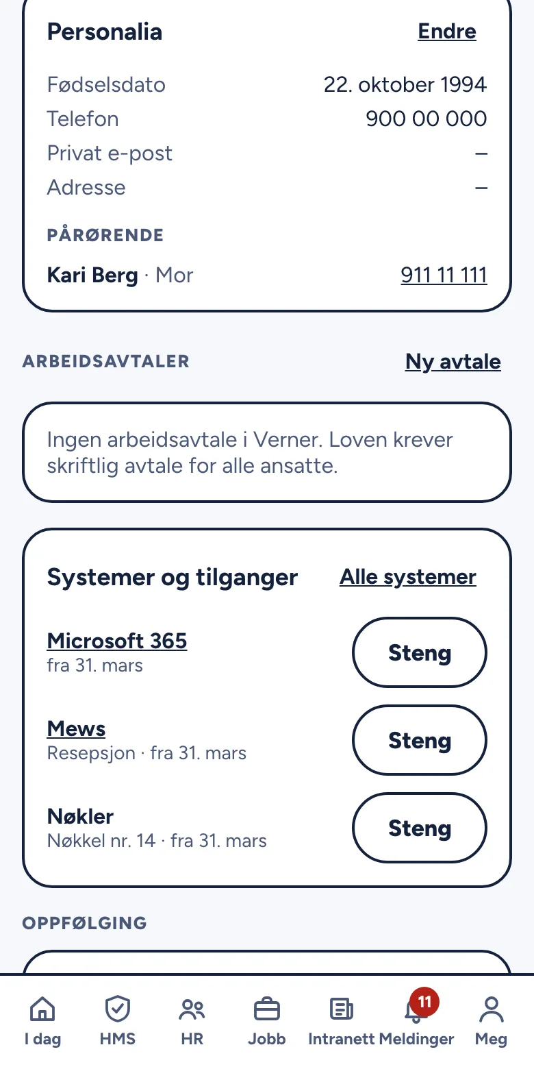 Personalmappen til en ansatt med personalia og pårørende
