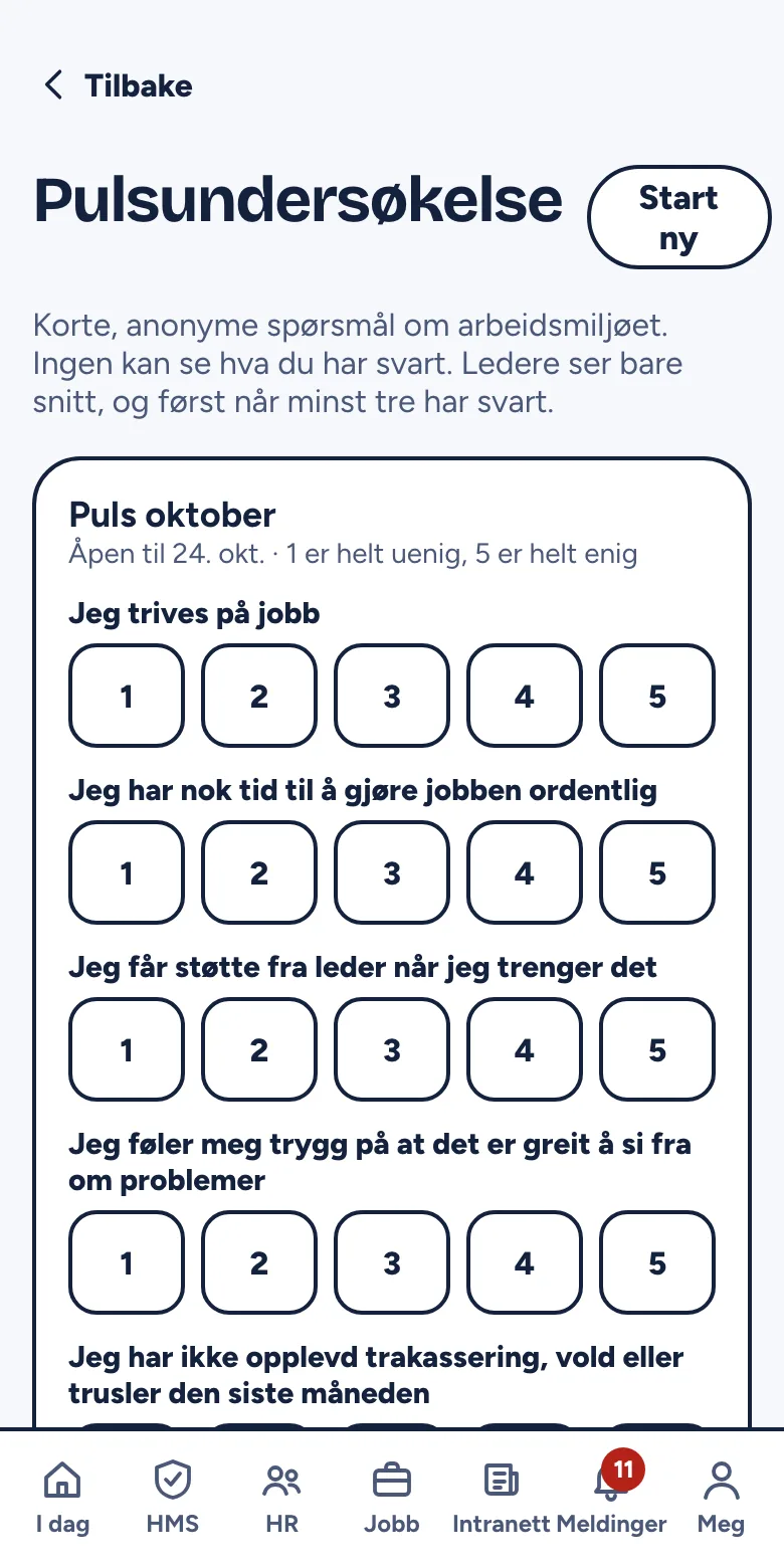 Pulsundersøkelse med fem påstander og svar fra 1 til 5