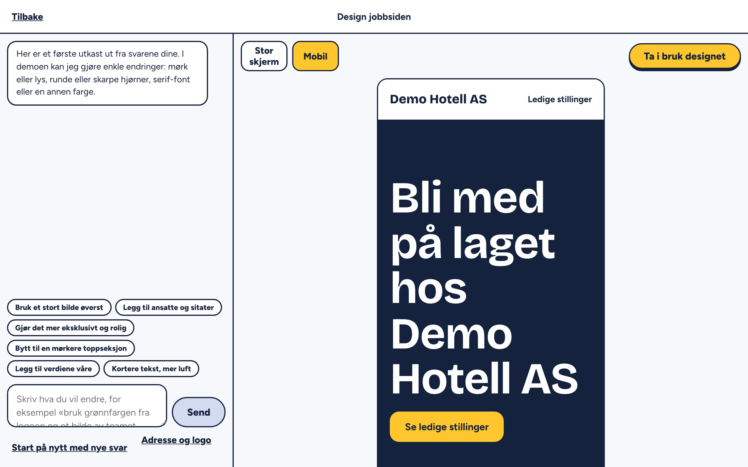 Forhåndsvisning av jobbsiden på mobil i designagenten