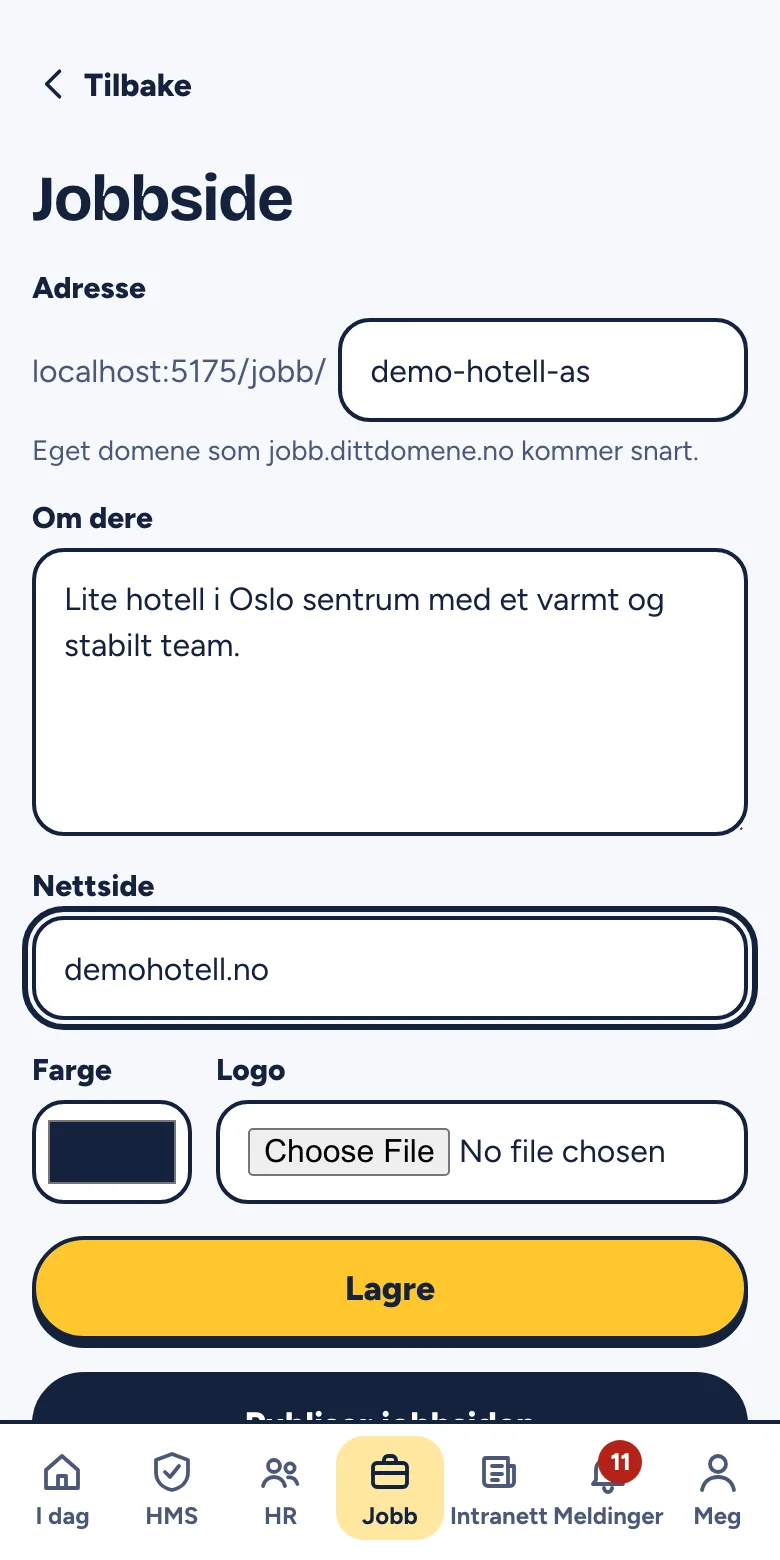 Innstillingene for jobbsiden med adresse, om dere, farge og logo