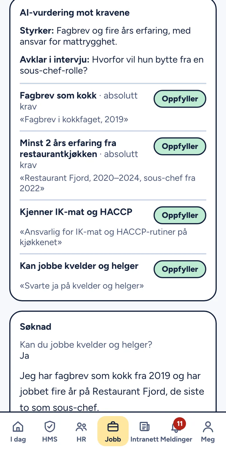 Kandidatkortet med AI-vurdering per krav, steg og vurdering