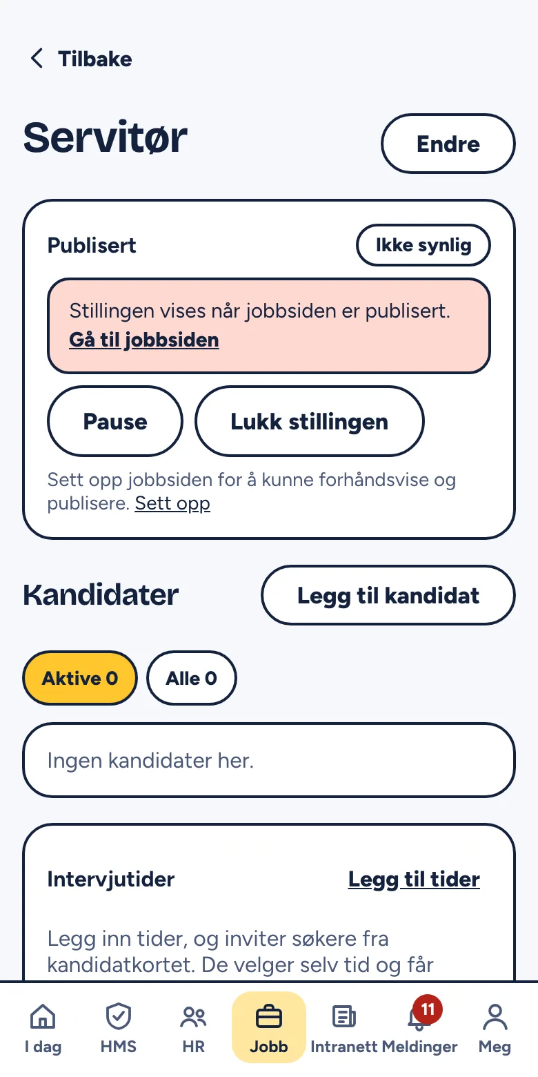 En publisert stilling med knappene Pause, Lukk stillingen, Åpne og Del