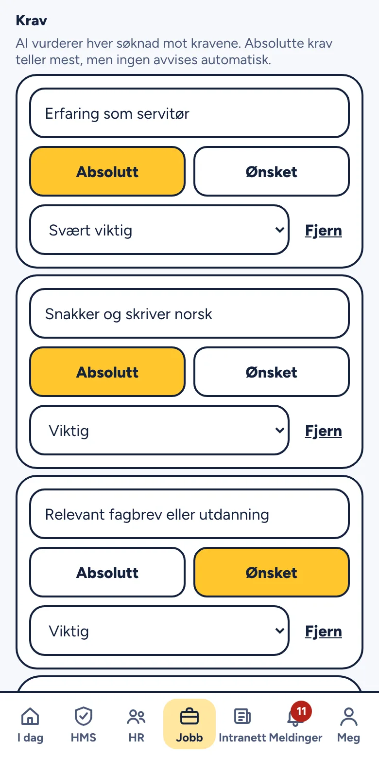 Skjemaet for ny stilling med forslag fra AI og krav