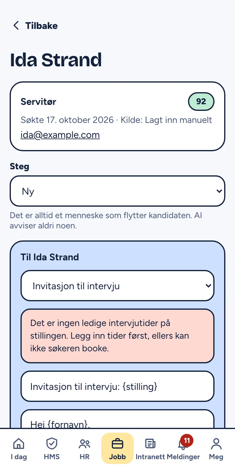 Skrive en melding til en kandidat fra mal, med emne og tekst