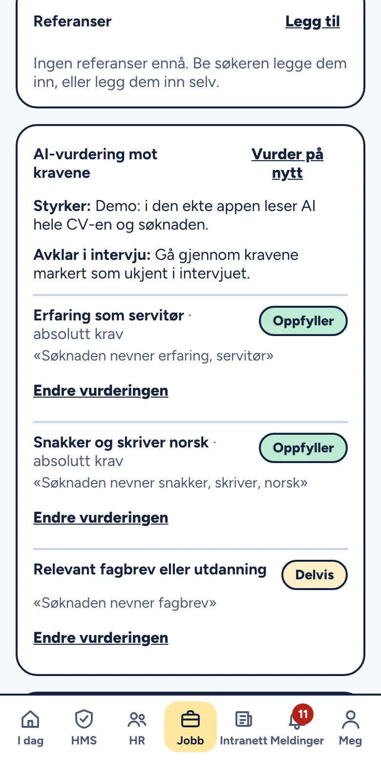 Referansepanelet på kandidatkortet med status og svar