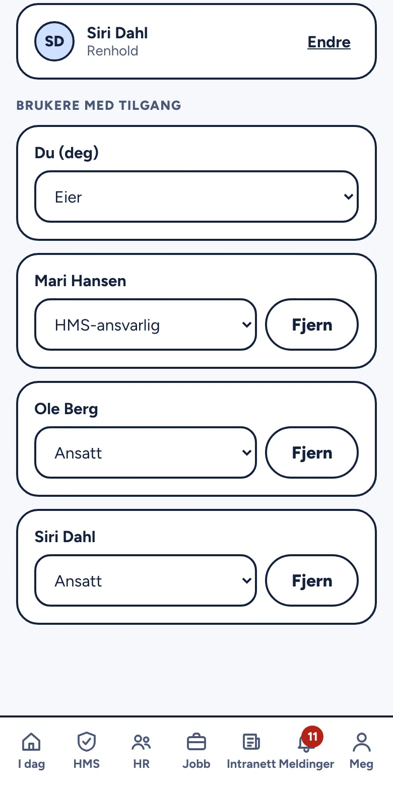 Brukere med tilgang under Ansatte, med nedtrekkslisten for rolle