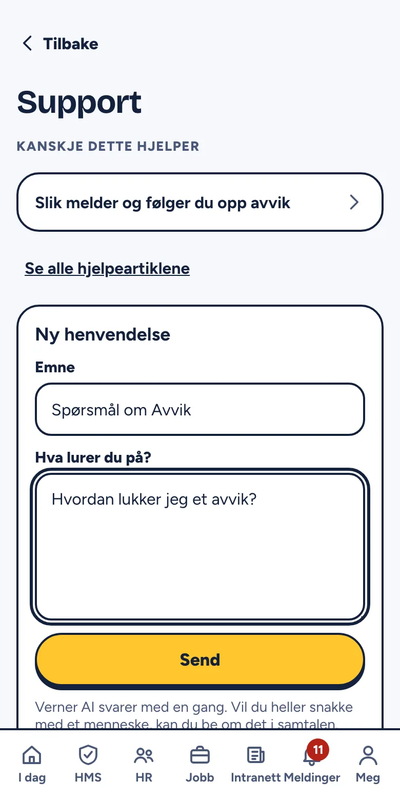 Skjemaet Ny henvendelse med emnet fylt ut fra siden du kom fra