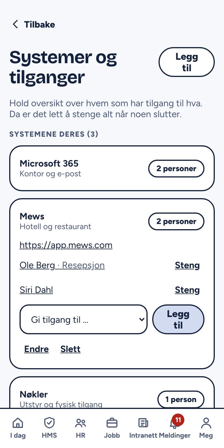 Systemer og tilganger med listen over systemer og hvem som har tilgang