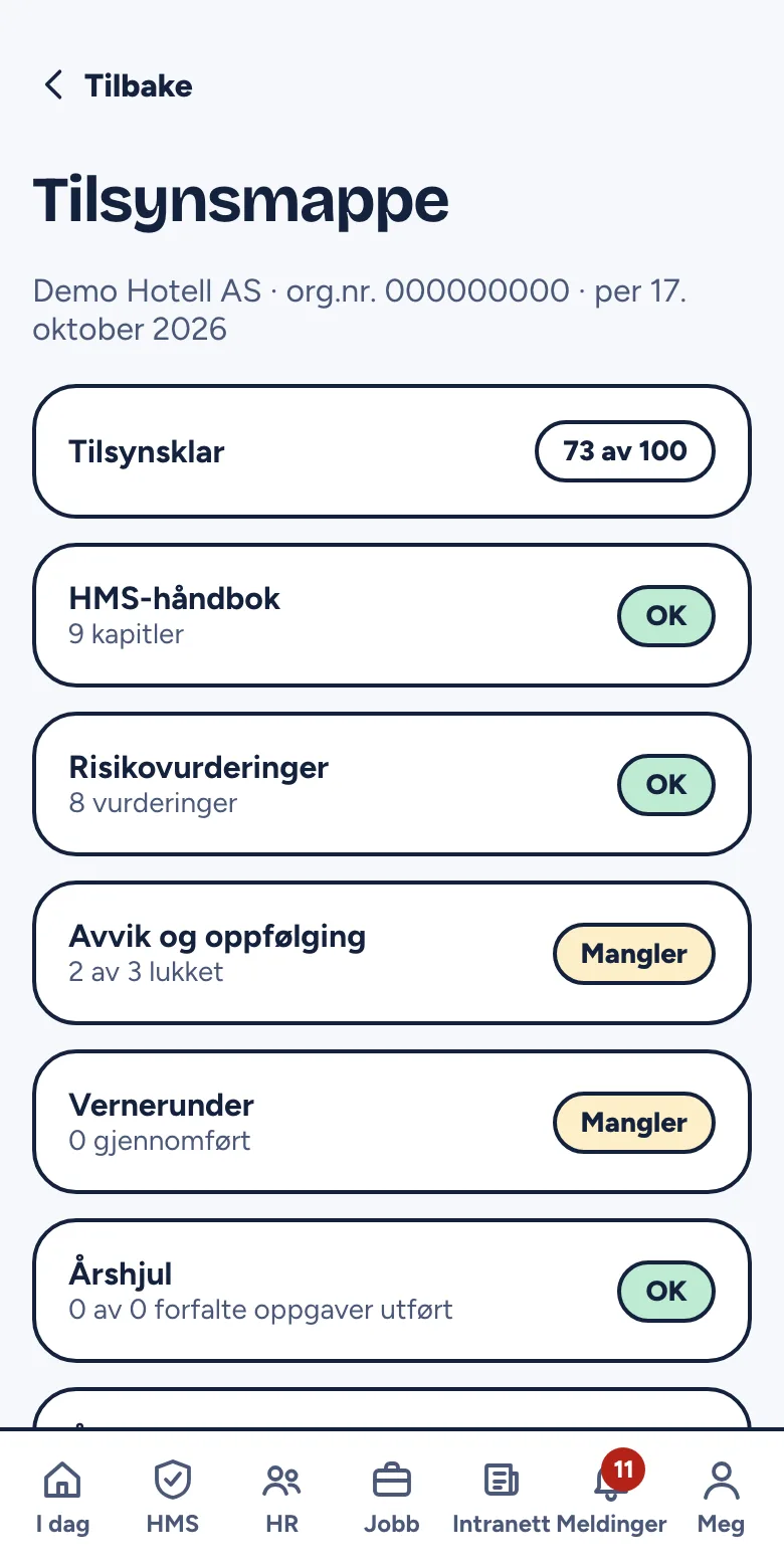 Tilsynsmappen med tilsynsklar-score og knappen Last ned som PDF