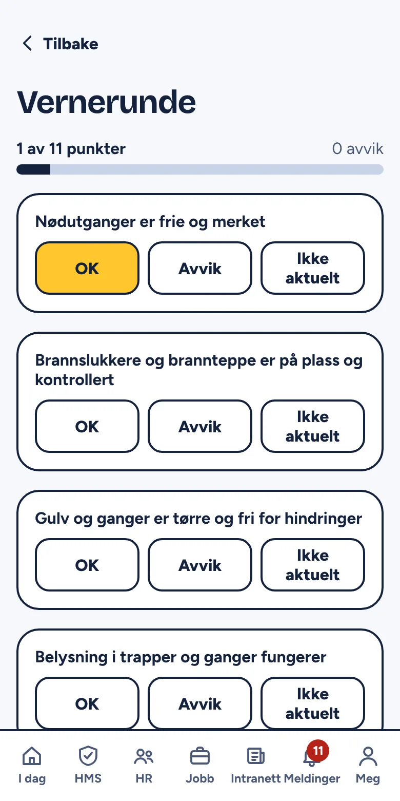 Vernerunden med sjekkpunkter besvart med OK, Avvik og Ikke aktuelt
