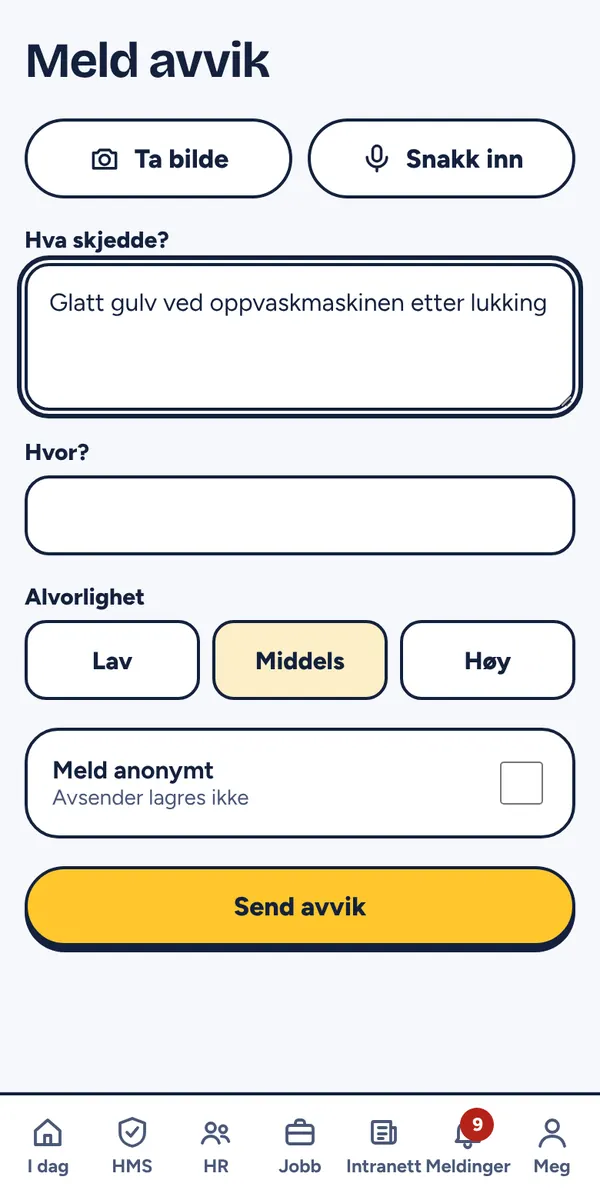 Melde avvik fra mobilen i Verner