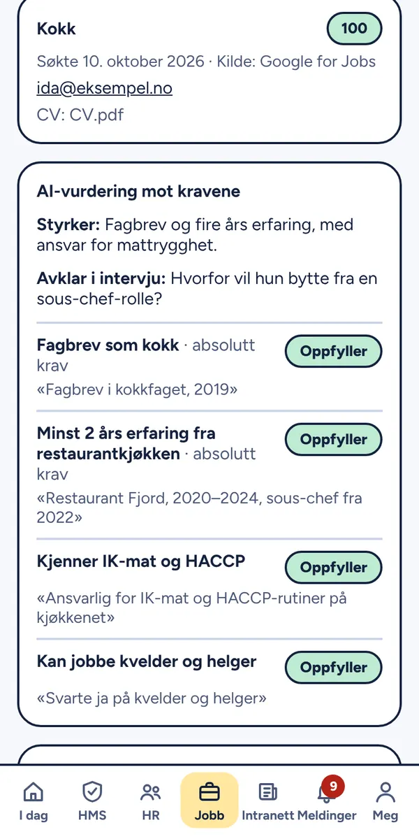 AI-vurdering av en søknad mot hvert krav, med sitat fra CV-en